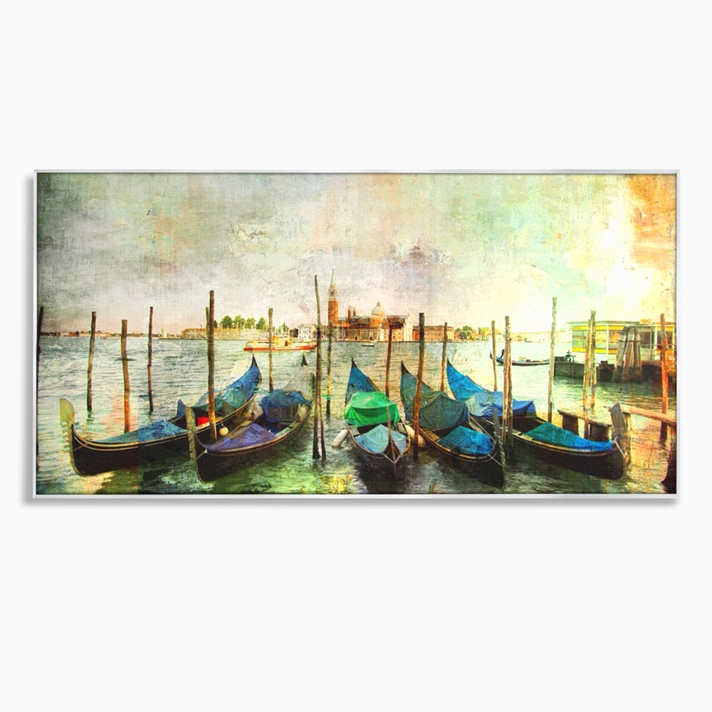 Tablou canvas cu pictura orizontala cu gondole in venetia, in rama de aluminiu argintiu
